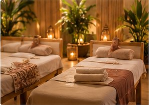 Espace de massage préparé pour un moment de bien-être à deux